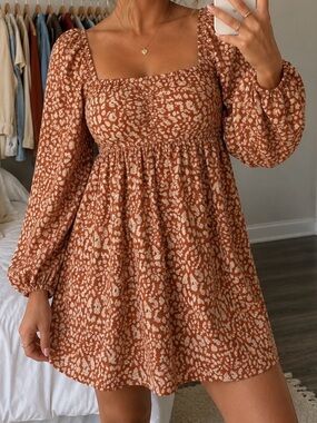 Very J Floral Babydoll Mini Dress Womens Medium Rust Boho Puff Sleeve